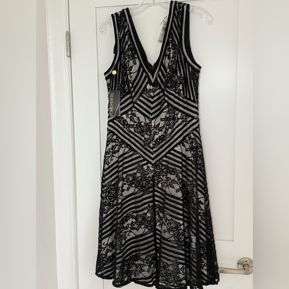NWT Tadashi Shoji black + white sleeveless v neck lace + stripes dress